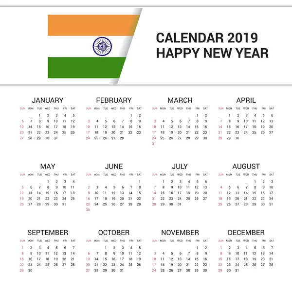 カレンダー 2019年インドの国旗背景 — ストックベクタ