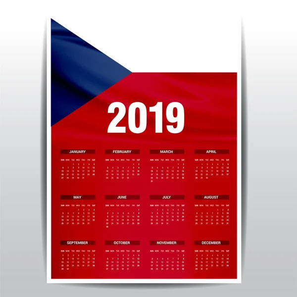 Calendário 2019 República Checa Bandeira Fundo Língua Inglesa — Vetor de Stock