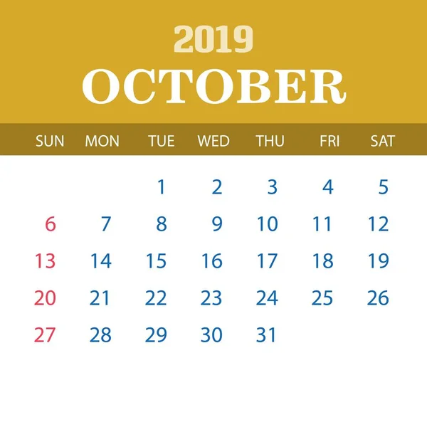 Πρότυπο Ημερολόγιο 2019 Οκτώβριος — Διανυσματικό Αρχείο