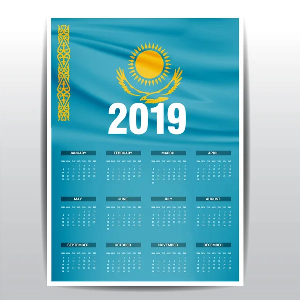 Calendário 2019 Cazaquistão Bandeira Fundo Língua Inglesa — Vetor de Stock
