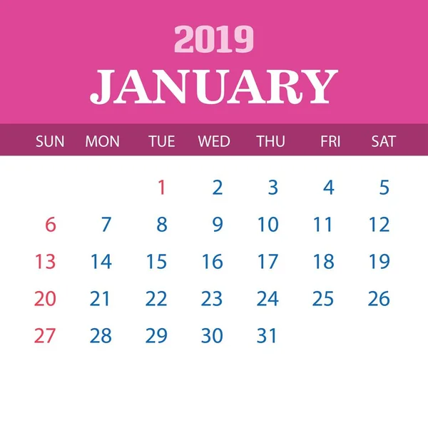 Plantilla Calendario 2019 Enero — Vector de stock