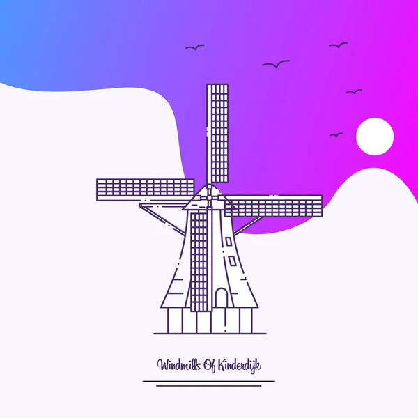 Podróży Wiatraki Kinderdijk Plakat Szablon Fioletowym Tle Creative — Wektor stockowy