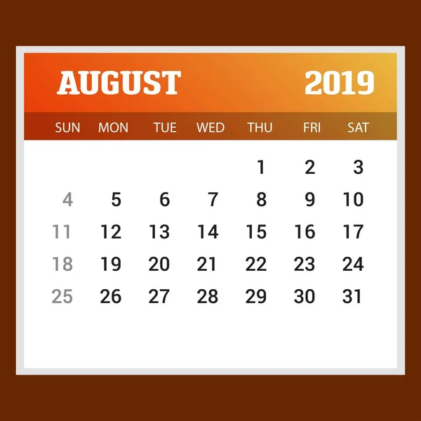 2019 Happy New Year August Calendar Template Рождественский Фон — стоковый вектор