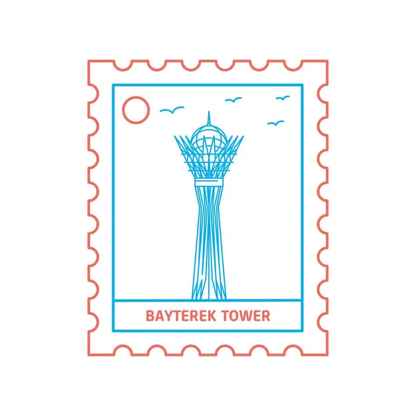 Bayterek Tower Почтовая Марка Blue Red Line Style Векторная Иллюстрация — стоковый вектор