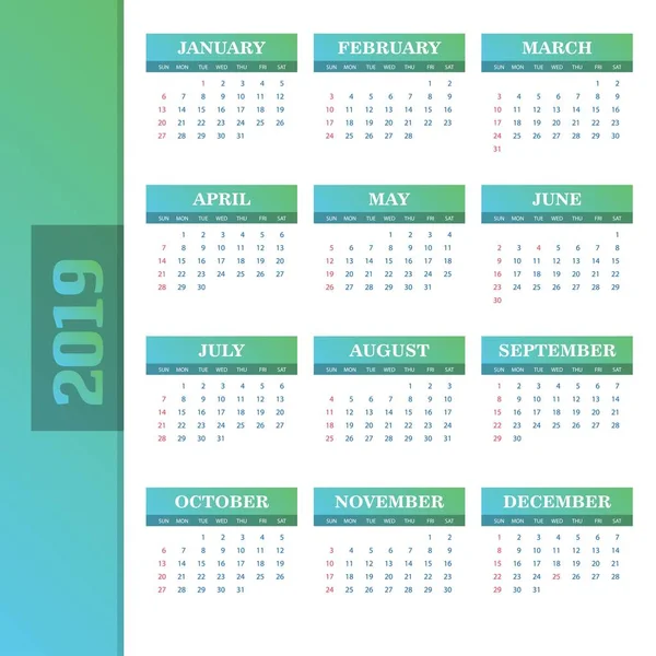 Plantilla Calendario 2019 Fondo Vectorial — Vector de stock