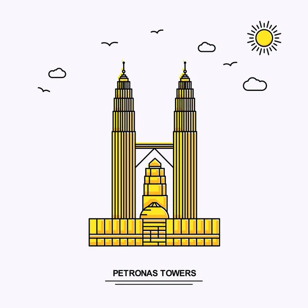 Modèle Affiche Monument Petronas Towers Voyage Dans Monde Illustration Jaune — Image vectorielle