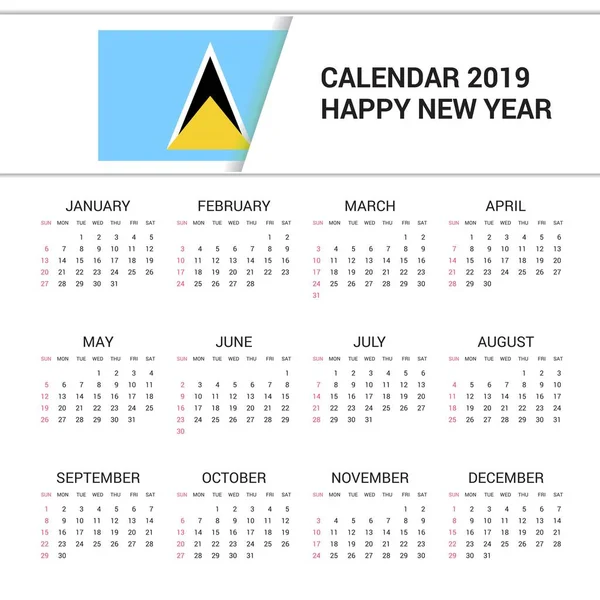 Calendario 2019 Santa Lucía Fondo Bandera Idioma Inglés — Vector de stock