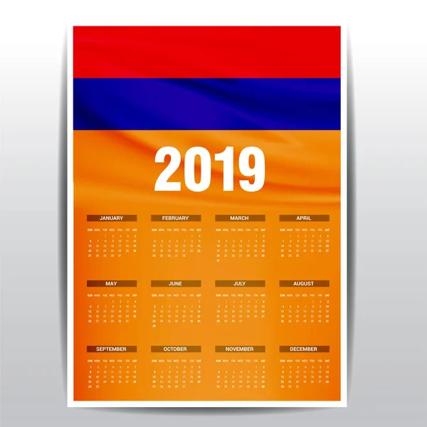 Calendario 2019 Armenia Fondo Bandera Idioma Inglés — Archivo Imágenes Vectoriales