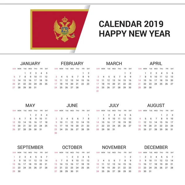 Kalender 2019 Montenegro Flagge Hintergrund Englische Sprache — Stockvektor