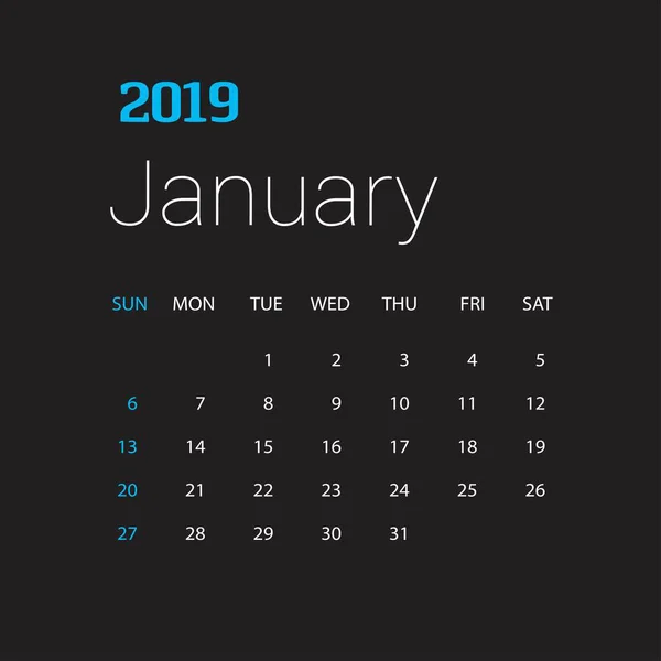 Szczęśliwego Nowego Roku 2019 Szablon Kalendarza Styczeń — Wektor stockowy