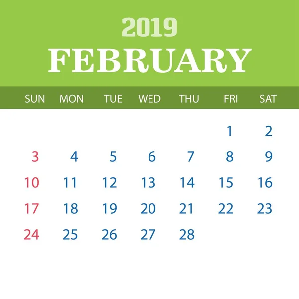 Plantilla Calendario 2019 Febrero — Vector de stock