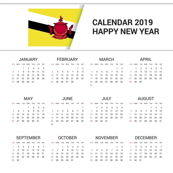 Calendario 2019 Brunei Fondo Bandera Idioma Inglés — Vector de stock