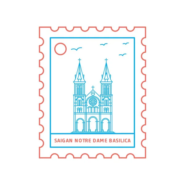 Saigan Notre Dame Basilica Francobollo Linea Blu Rossa Stile Illustrazione — Vettoriale Stock
