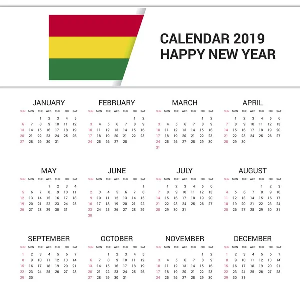 Kalender 2019 Bolivien Flagge Hintergrund Englische Sprache — Stockvektor