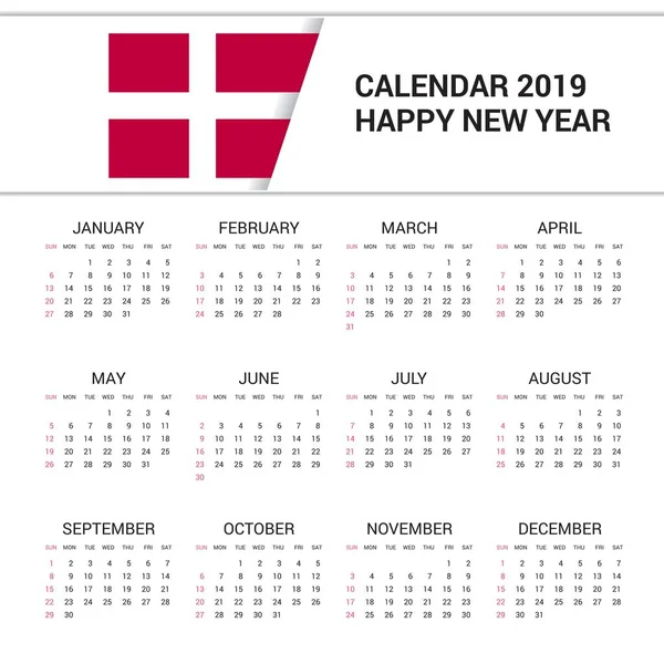 Kalender 2019 Dänische Flagge Hintergrund Englische Sprache — Stockvektor