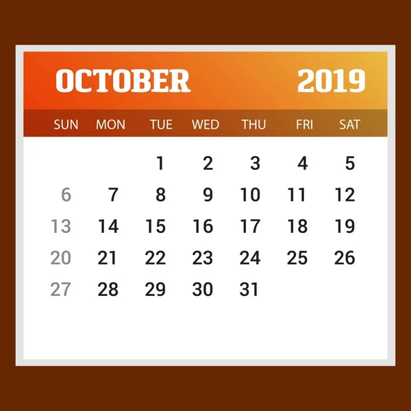 2019 Новым Годом Октябрь Шаблон Календаря Рождественский Фон — стоковый вектор