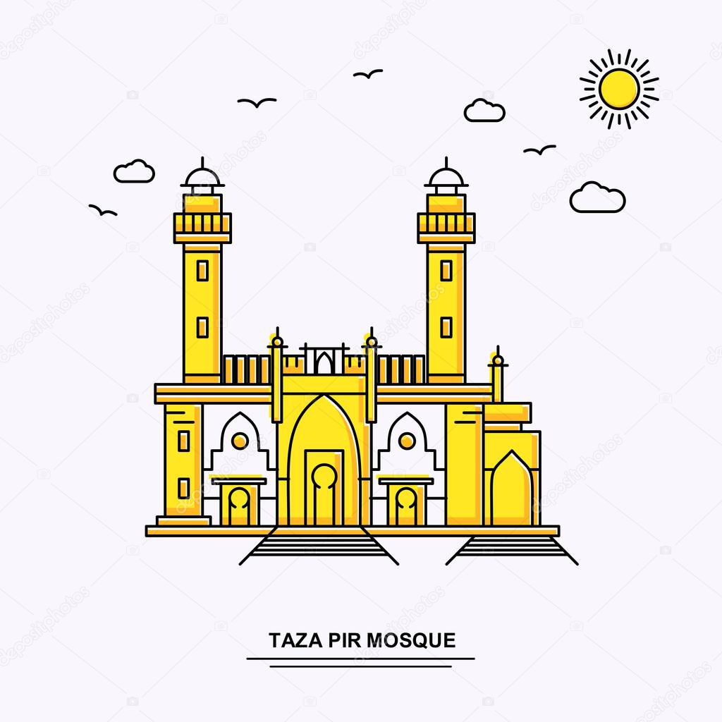 TAZA PIR MOSQUE Monument Poster Template. World Travel Yellow illustration Background in Line Style with beauture nature Scene