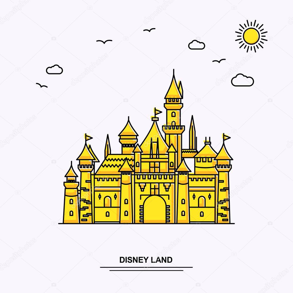 DISNEY LAND Monument Poster Template. World Travel Yellow illustration Background in Line Style with beauture nature Scene