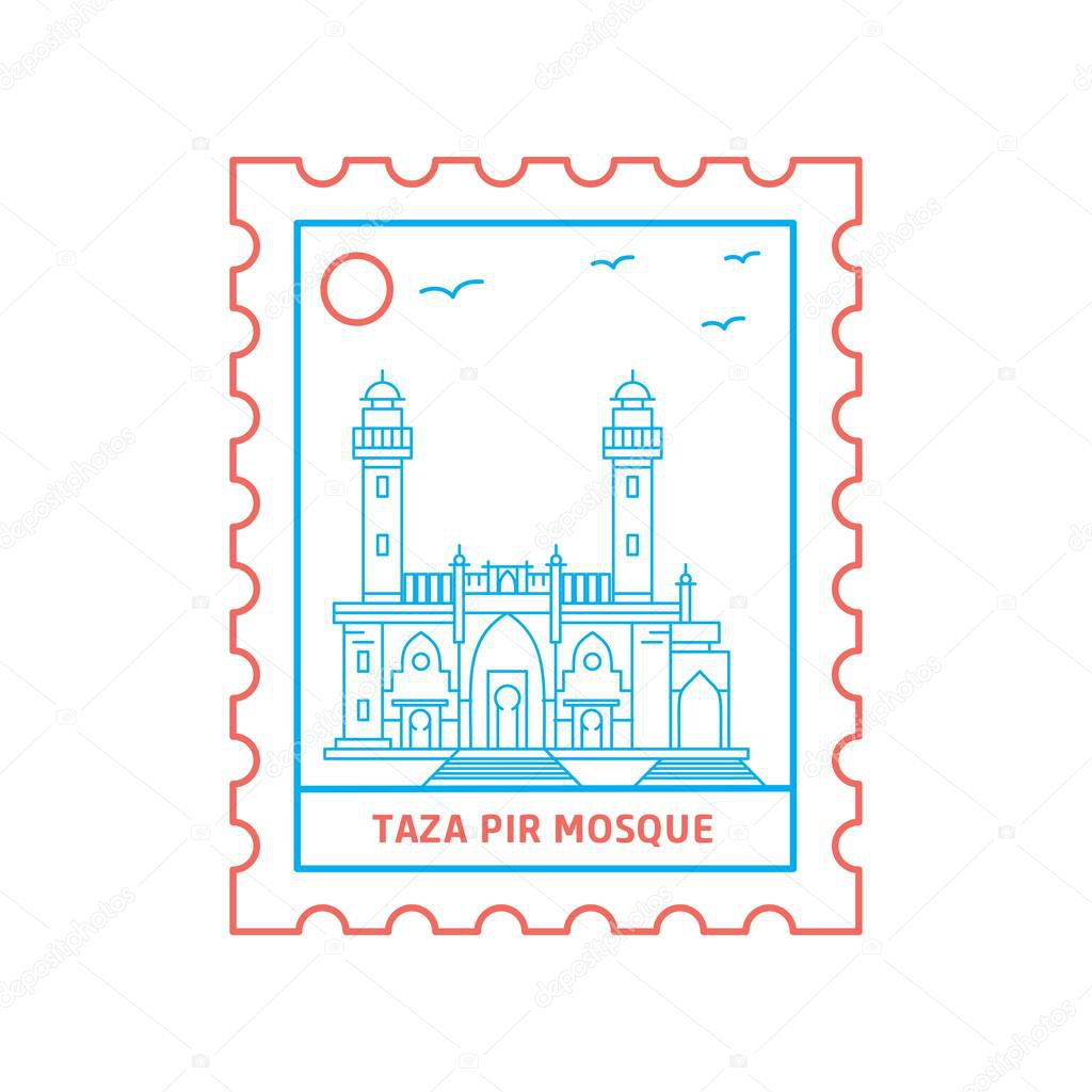 TAZA PIR MOSQUE postage stamp Blue and red Line Style, vector illustration