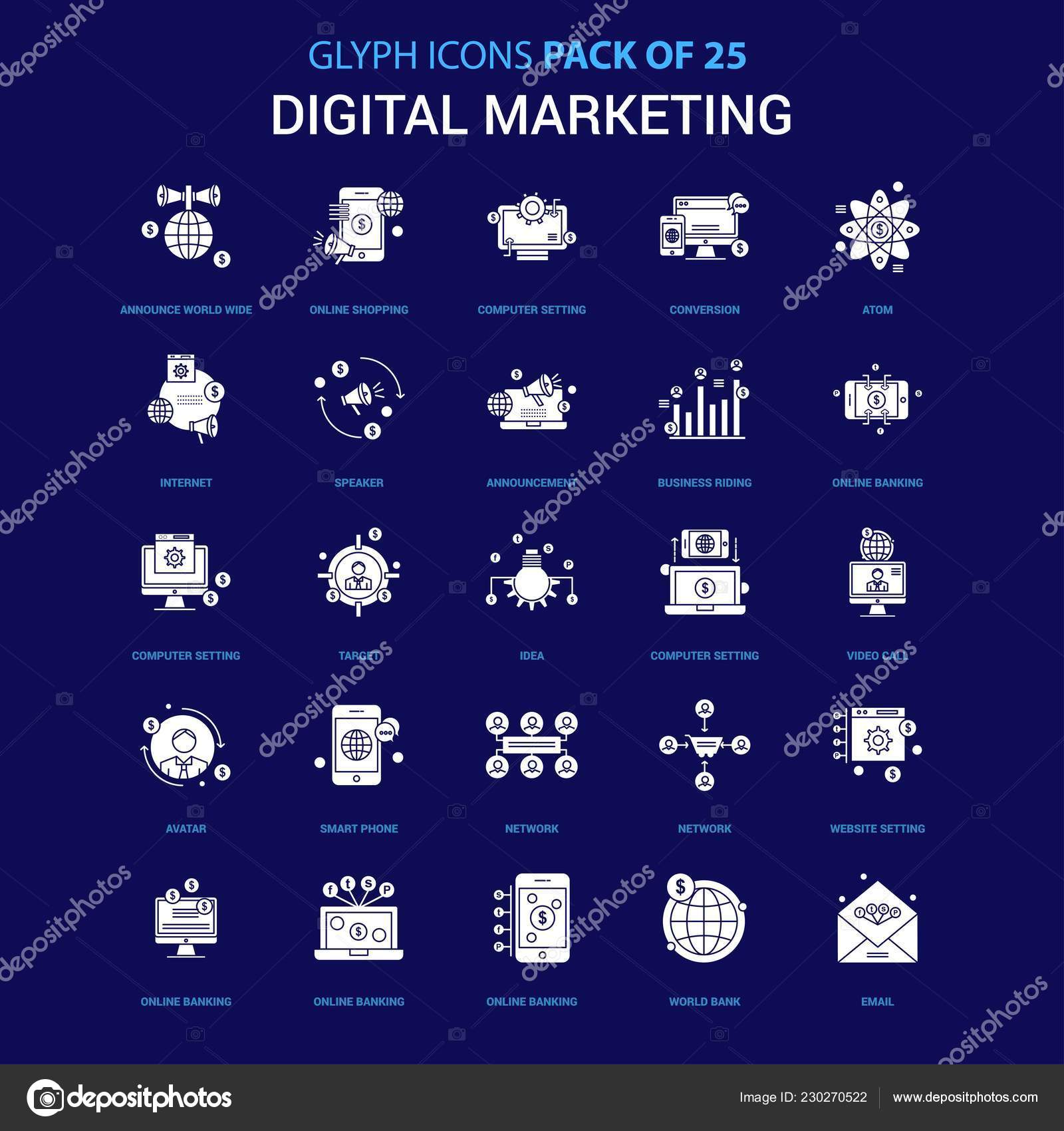 Digital Marketing White Icon Blue Background Icon Pack Vector Image By C Ibrandify Vector Stock