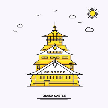 Osaka Kalesi anıt Poster şablonu. Beauture doğa sahne ile dünya seyahat sarı resimde arka planda çizgi stili