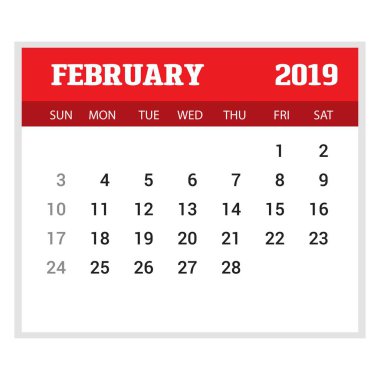 2019 mutlu yeni yıl Şubat takvim şablonu. Noel arka plan