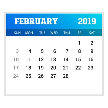 2019 mutlu yeni yıl Şubat takvim şablonu. Noel arka plan