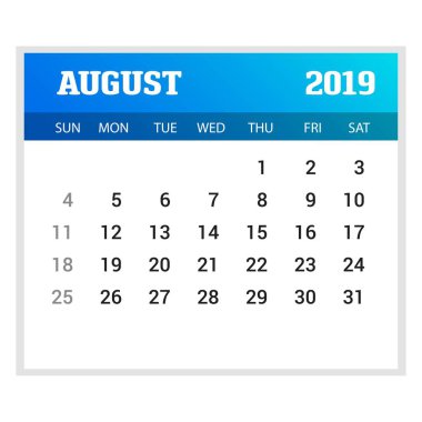 2019 mutlu yeni yıl Ağustos takvim şablonu. Noel arka plan