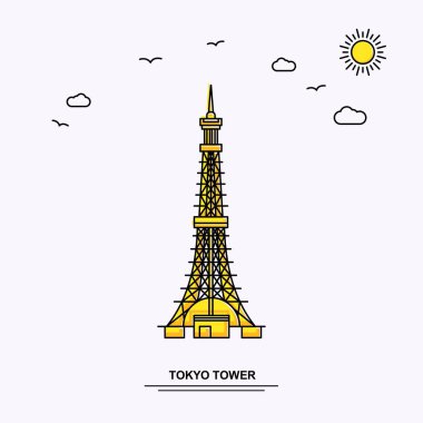 Tokyo kule anıt Poster şablonu. Beauture doğa sahne ile dünya seyahat sarı resimde arka planda çizgi stili