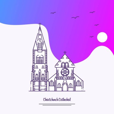 Seyahat Christchurch Cathedral Poster şablonu. Mor yaratıcı arka plan
