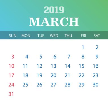 2019 takvim şablonu - Mart