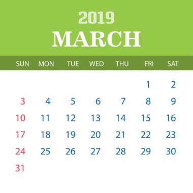 2019 takvim şablonu - Mart