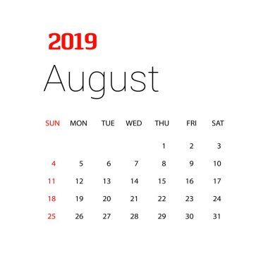 2019 mutlu yeni yıl Ağustos takvim şablonu. Noel arka plan