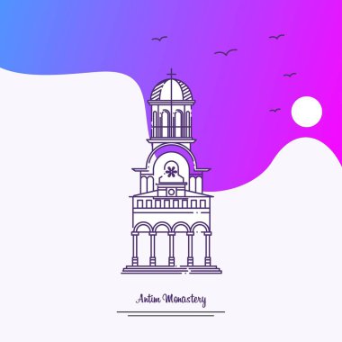 Seyahat Antim Manastırı Poster şablonu. Mor yaratıcı arka plan