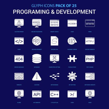 Programlama ve geliştirme beyaz simgesi mavi arka plan üzerinde. 25 Icon Pack