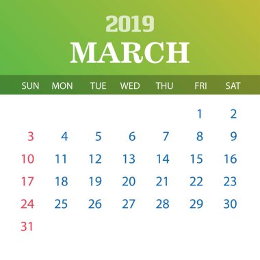 2019 takvim şablonu - Mart