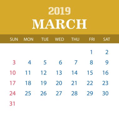 2019 takvim şablonu - Mart