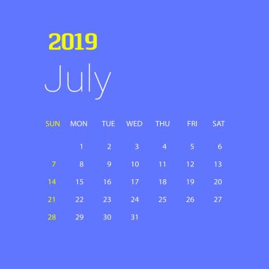 2019 mutlu yeni yıl Temmuz takvim şablonu. Noel arka plan