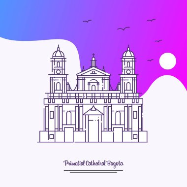 Seyahat Primatial katedral Bogota Poster şablonu. Mor yaratıcı arka plan