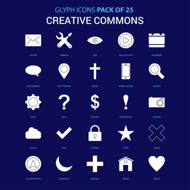 Creative Commons beyaz simgesi mavi arka plan üzerinde. 25 Icon Pack