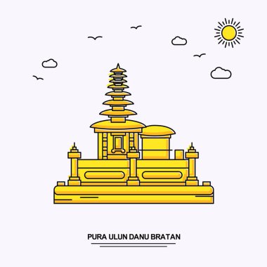 Pura Ulun Danu Bratan anıt Poster şablonu. Beauture doğa sahne ile dünya seyahat sarı resimde arka planda çizgi stili