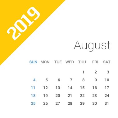 2019 mutlu yeni yıl Ağustos takvim şablonu. Noel arka plan