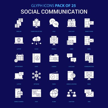 Sosyal iletişim beyaz simgesi mavi arka plan üzerinde. 25 Icon Pack