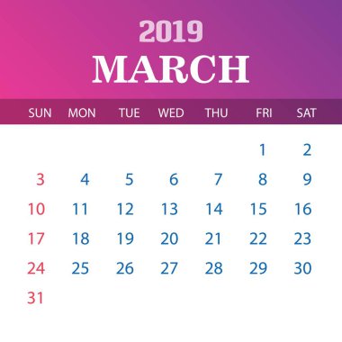 2019 takvim şablonu - Mart