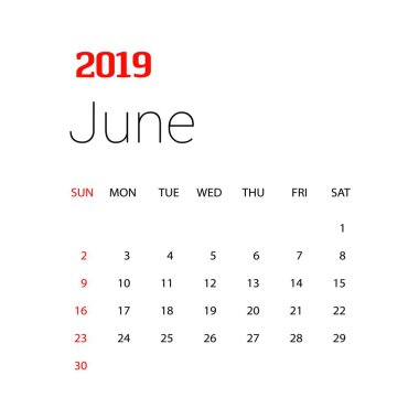 2019 mutlu yeni yıl Haziran takvim şablonu. Noel arka plan