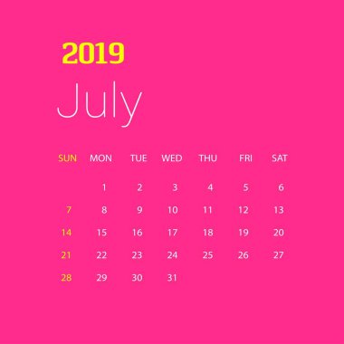 2019 mutlu yeni yıl Temmuz takvim şablonu. Noel arka plan