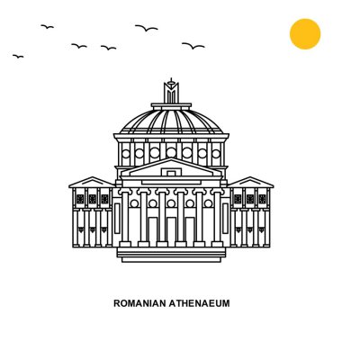 Romence Athenaeum anıt. Dünya seyahat doğal resimde arka planda çizgi stili