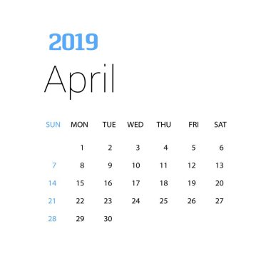 2019 mutlu yeni yıl Nisan takvimi şablonunu. Noel arka plan