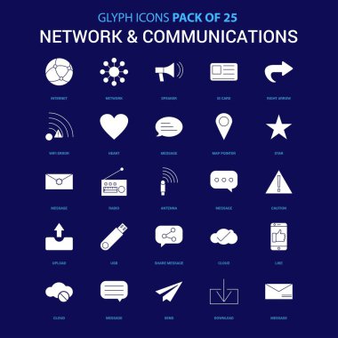 Ağ ve iletişim beyaz simgesi mavi arka plan üzerinde. 25 Icon Pack