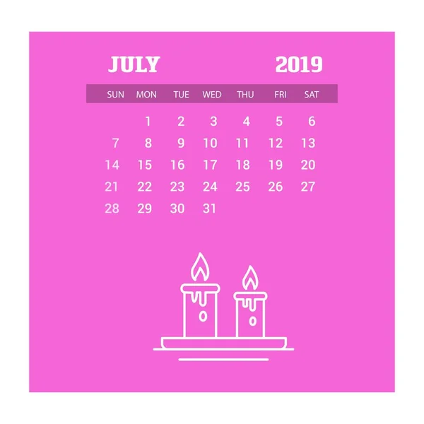 2019 Happy New Year July Calendar Template Christmas Background — Stock Vector